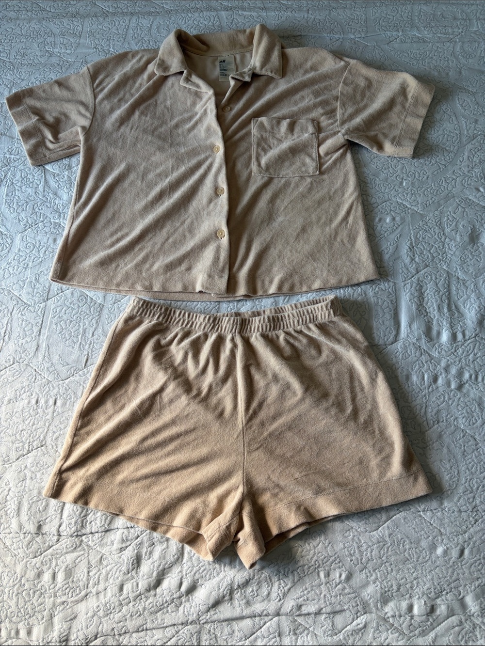 H&M Beige Terry Short Pajama Set - Button Front Top & Elastic Waist Shorts